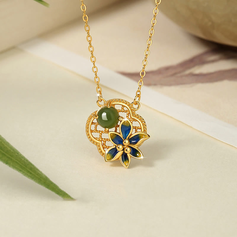 Parure de bijoux en jade cyan Hetian, motif trèfle à quatre feuilles | Sons de guérison