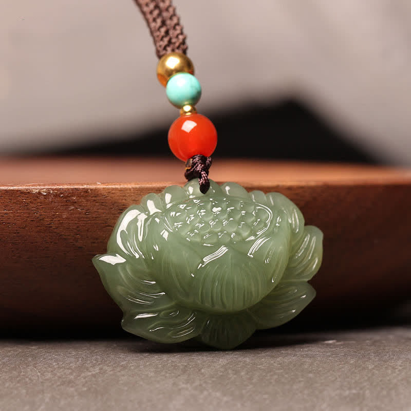Collier pendentif Hetian Cyan Jade Lotus Success