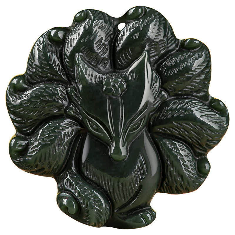 Collier pendentif porte-bonheur en jade cyan Hetian, renard à neuf queues
