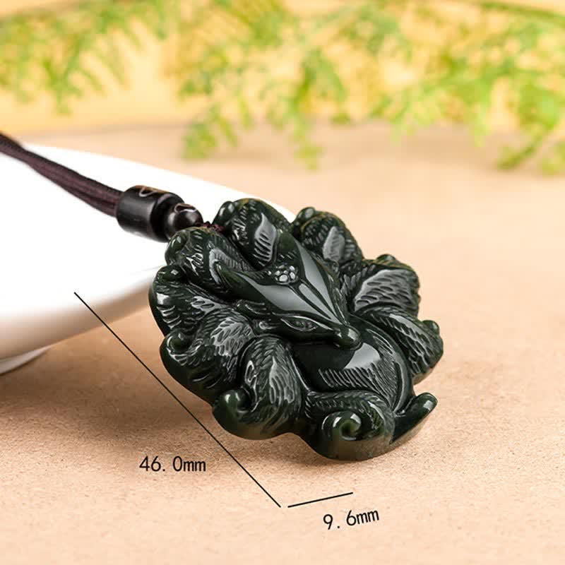 Collier pendentif porte-bonheur en jade cyan Hetian, renard à neuf queues
