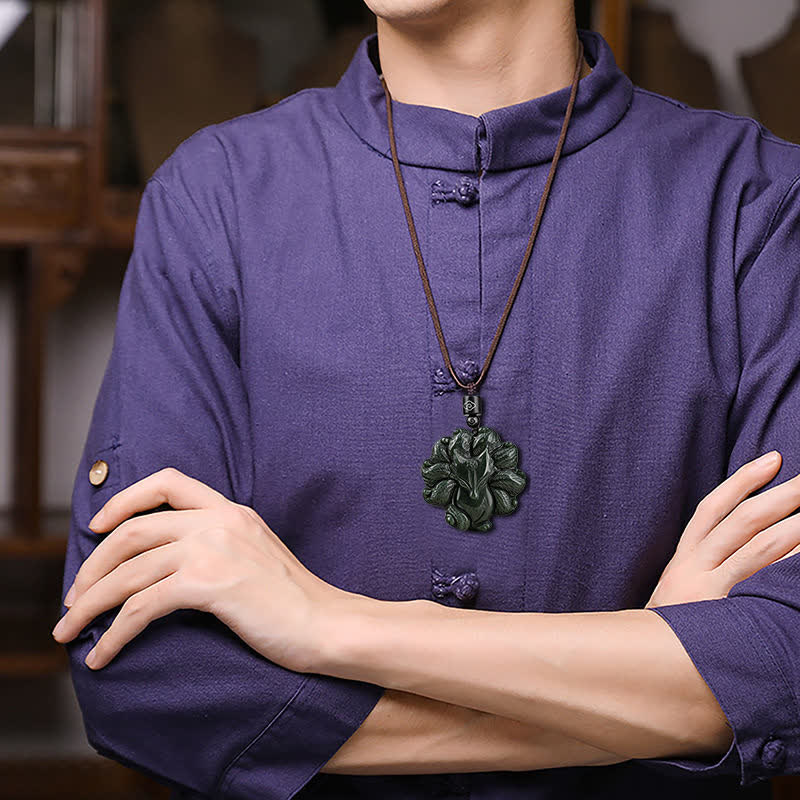 Collier pendentif porte-bonheur en jade cyan Hetian, renard à neuf queues