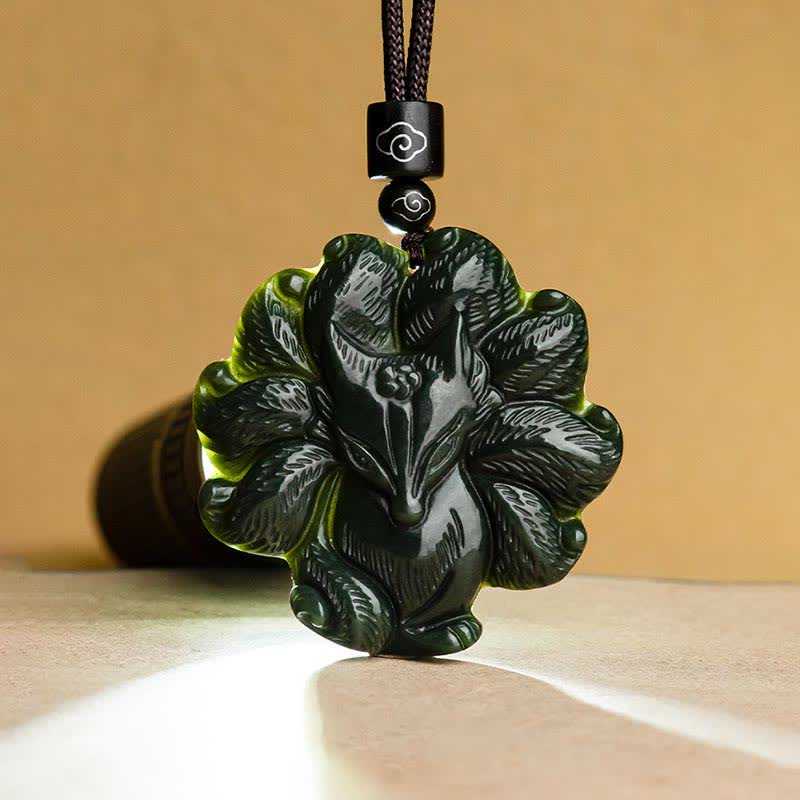 Collier pendentif porte-bonheur en jade cyan Hetian, renard à neuf queues