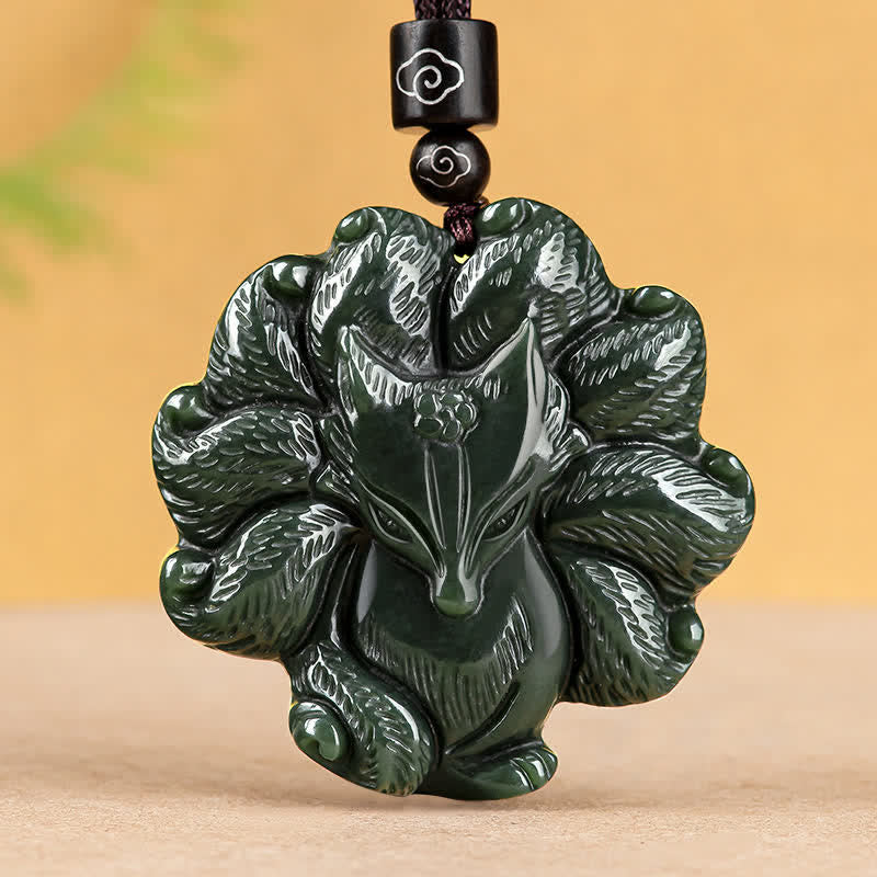 Collier pendentif porte-bonheur en jade cyan Hetian, renard à neuf queues