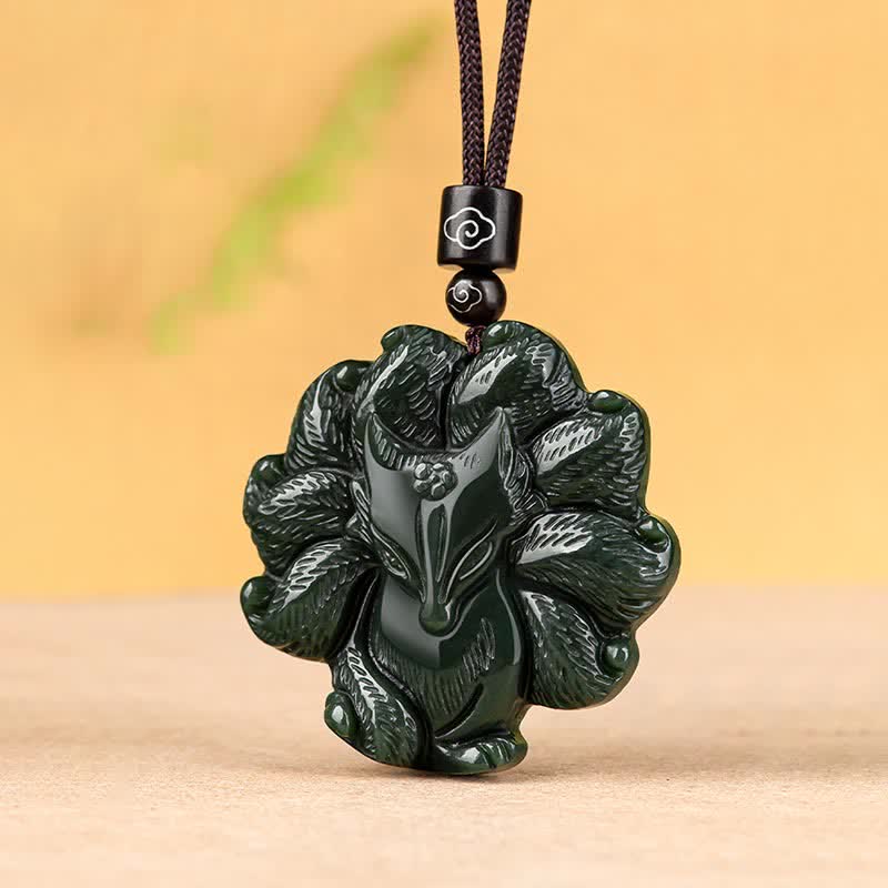Collier pendentif porte-bonheur en jade cyan Hetian, renard à neuf queues