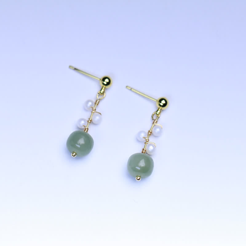 Boucles d'oreilles pendantes en jade Hetian et or 14 carats pour la prospérité et la chance