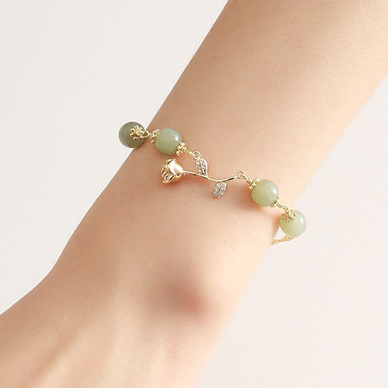 Bracelet porte-bonheur en jade Hetian plaqué or 14 carats