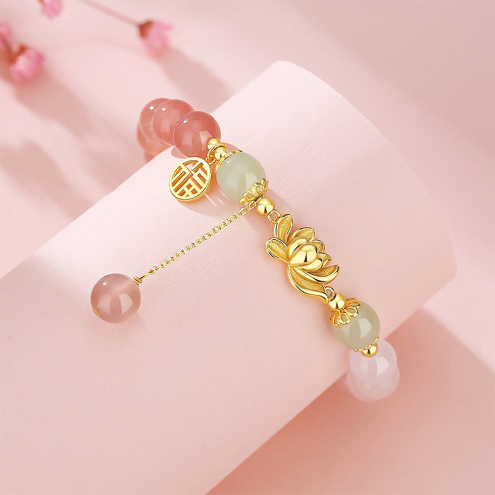 Bracelet en jade Hetian avec agate et lotus, symboles de fortune