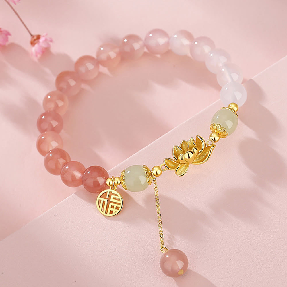 Bracelet en jade Hetian avec agate et lotus, symboles de fortune