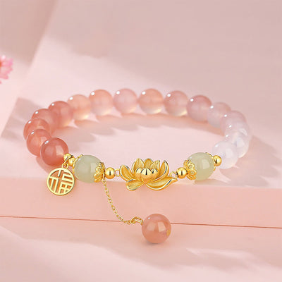 Bracelet en jade Hetian avec agate et lotus, symboles de fortune