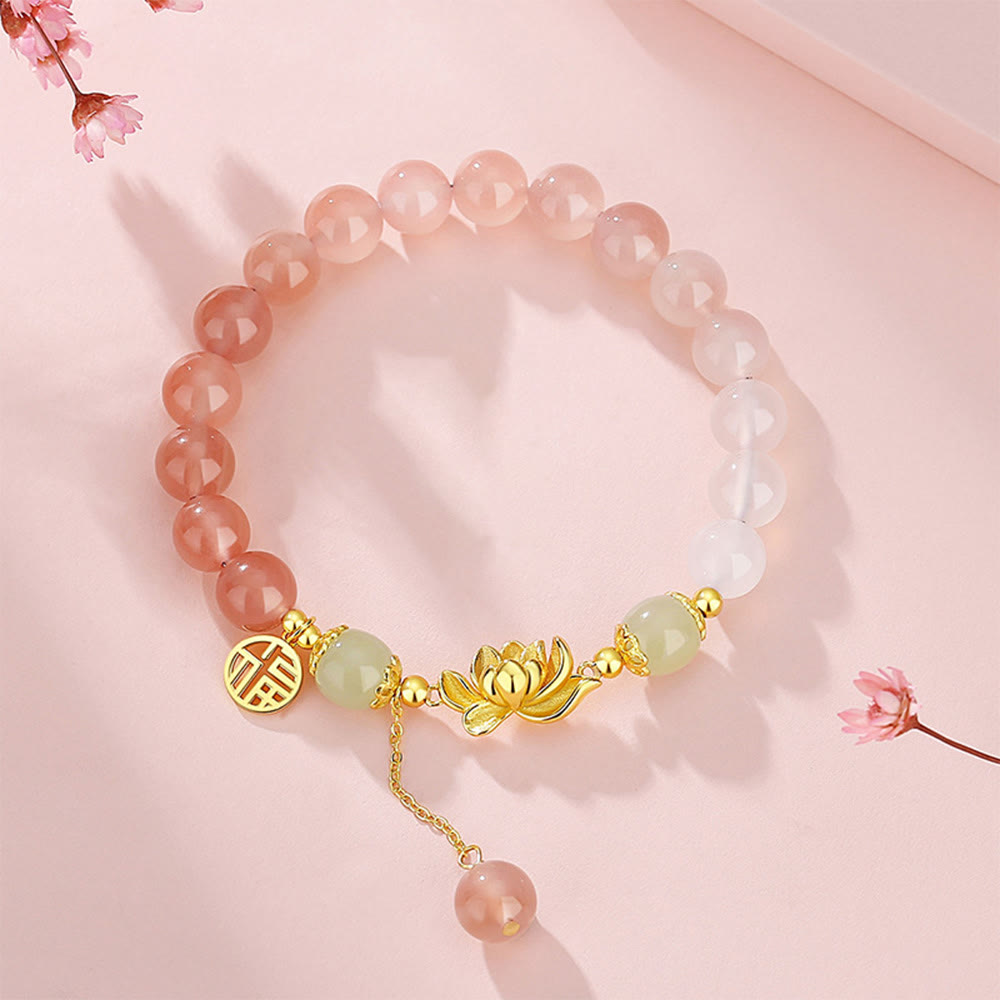 Bracelet en jade Hetian avec agate et lotus, symboles de fortune