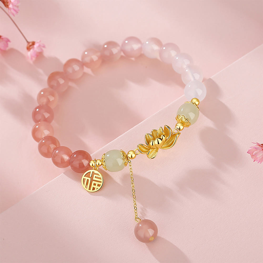 Bracelet en jade Hetian avec agate et lotus, symboles de fortune
