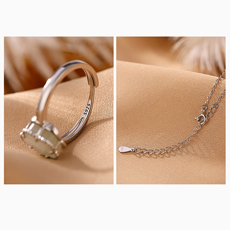 Ensemble collier et bague en jade Hetian en argent sterling plaqué or pour la chance