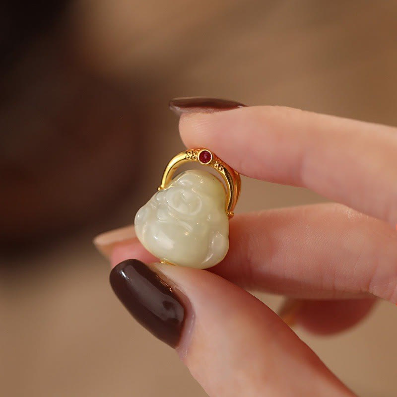 Collier Bouddha rieur en jade Hetian pour l'abondance, argent 925