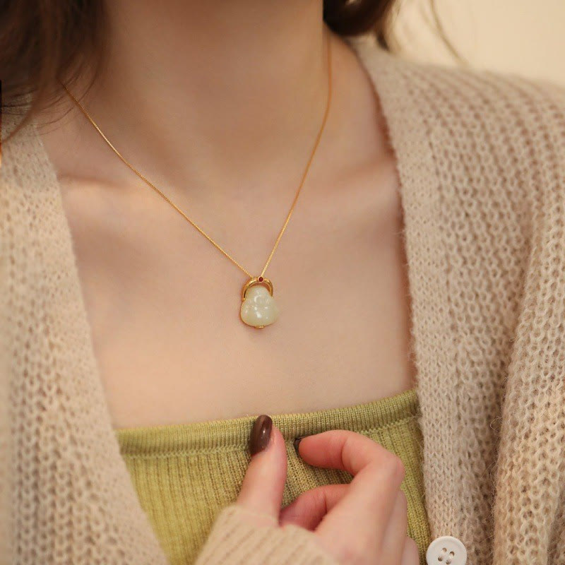 Collier Bouddha rieur en jade Hetian pour l'abondance, argent 925