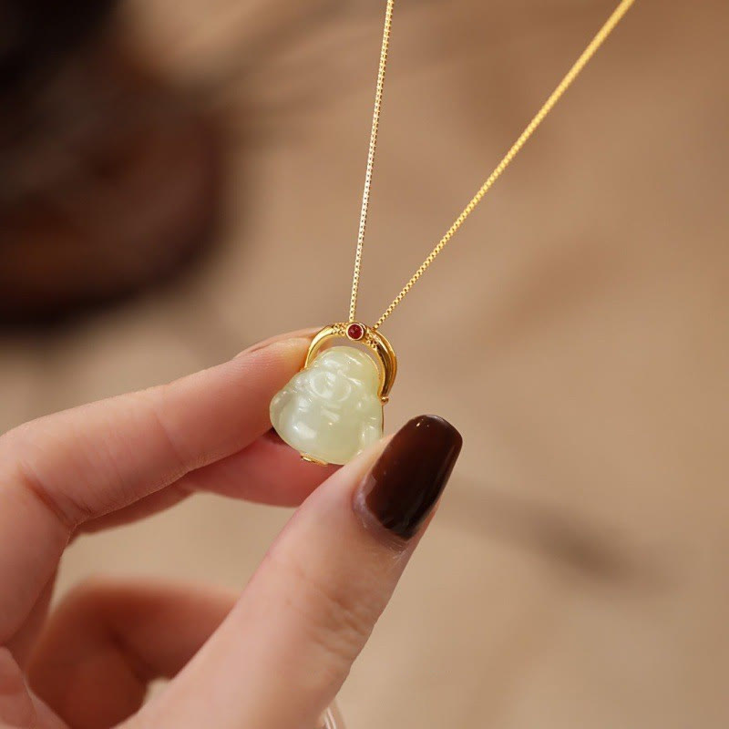 Collier Bouddha rieur en jade Hetian pour l'abondance, argent 925