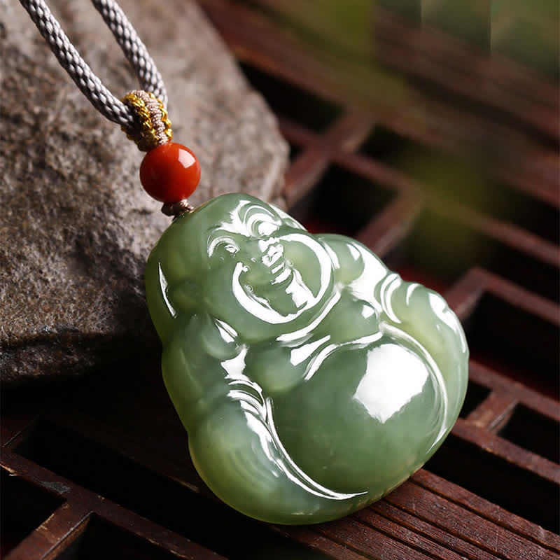 Collier Bouddha rieur en jade Hetian pour l'abondance et la prospérité