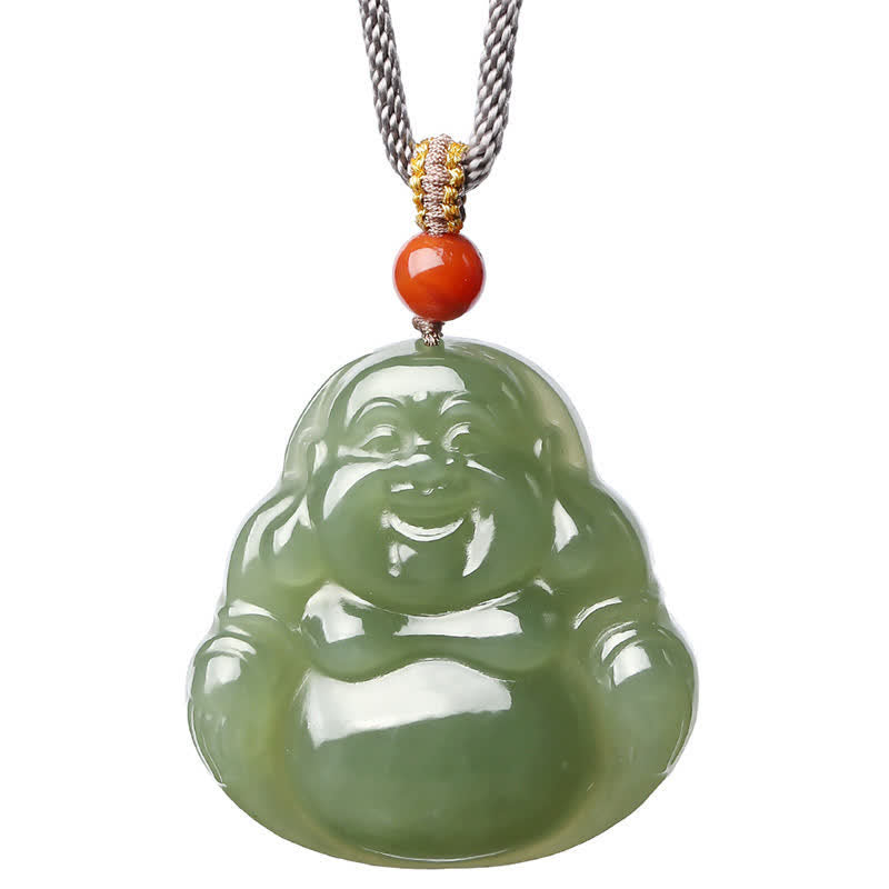 Collier Bouddha rieur en jade Hetian pour l'abondance et la prospérité
