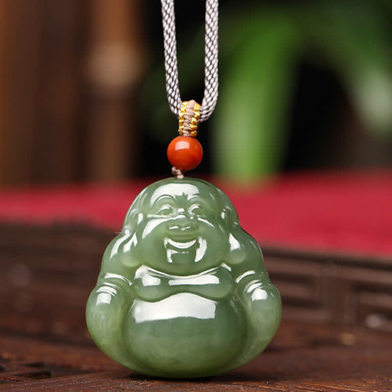 Collier Bouddha rieur en jade Hetian pour l'abondance et la prospérité
