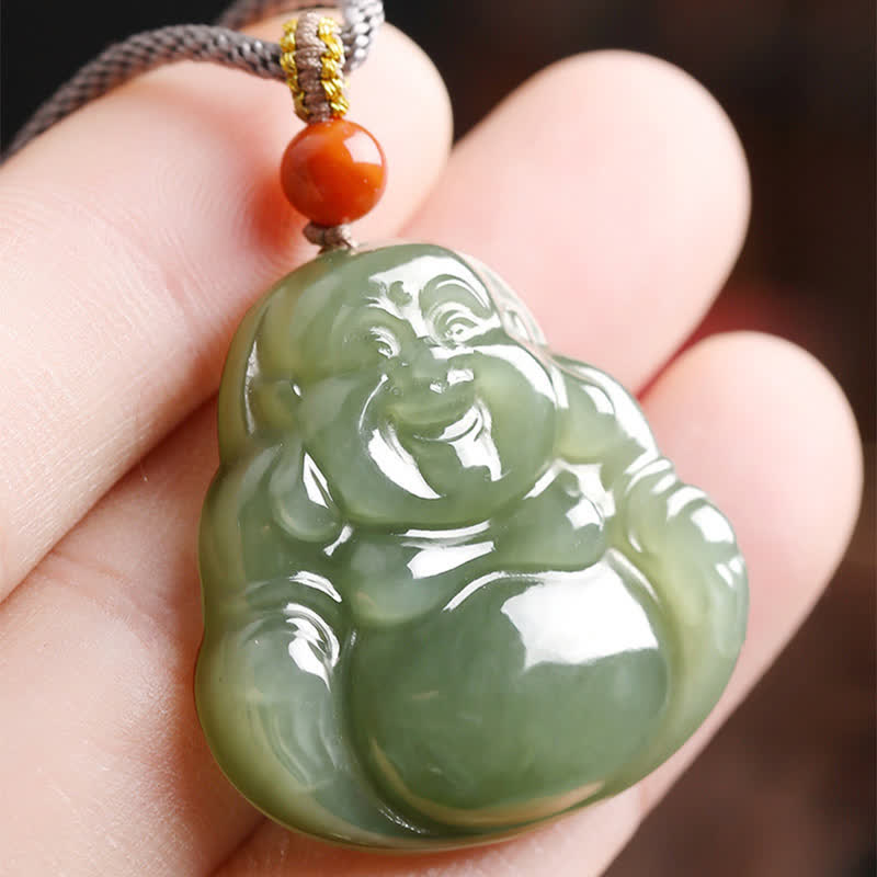 Collier Bouddha rieur en jade Hetian pour l'abondance et la prospérité
