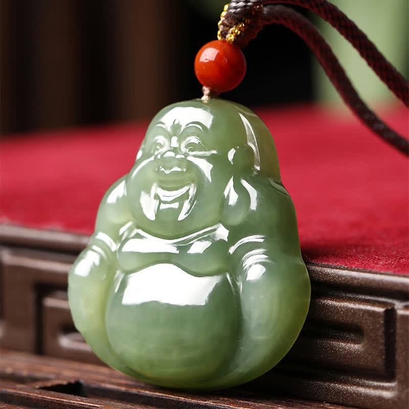 Collier Bouddha rieur en jade Hetian pour l'abondance et la prospérité