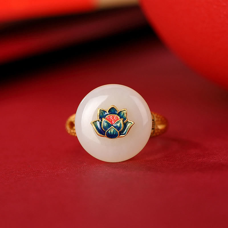 Ensemble bague et boucles d'oreilles lotus en jade Hetian | Or et argent, porte-bonheur spirituel