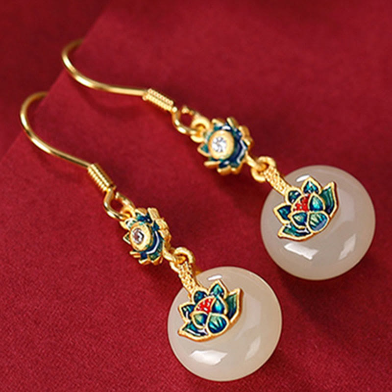 Ensemble bague et boucles d'oreilles lotus en jade Hetian | Or et argent, porte-bonheur spirituel