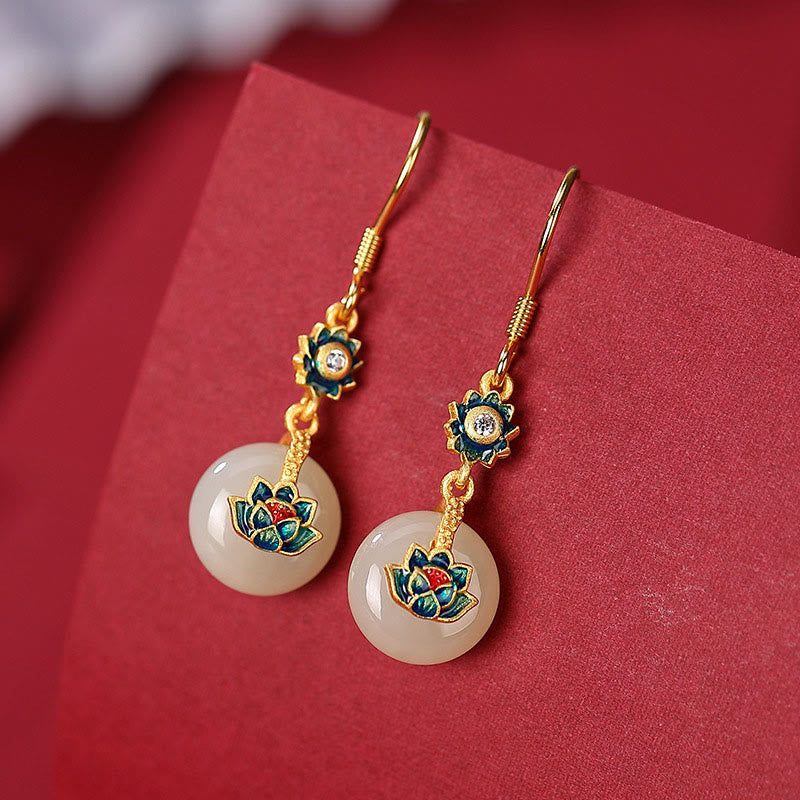 Ensemble bague et boucles d'oreilles lotus en jade Hetian | Or et argent, porte-bonheur spirituel