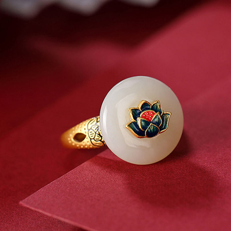 Ensemble bague et boucles d'oreilles lotus en jade Hetian | Or et argent, porte-bonheur spirituel
