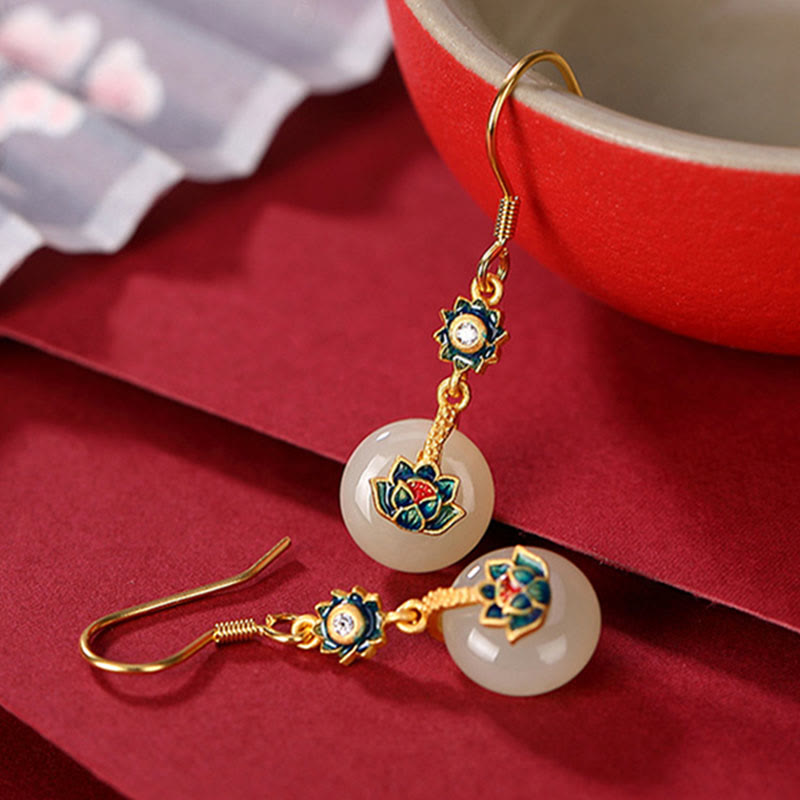 Ensemble bague et boucles d'oreilles lotus en jade Hetian | Or et argent, porte-bonheur spirituel