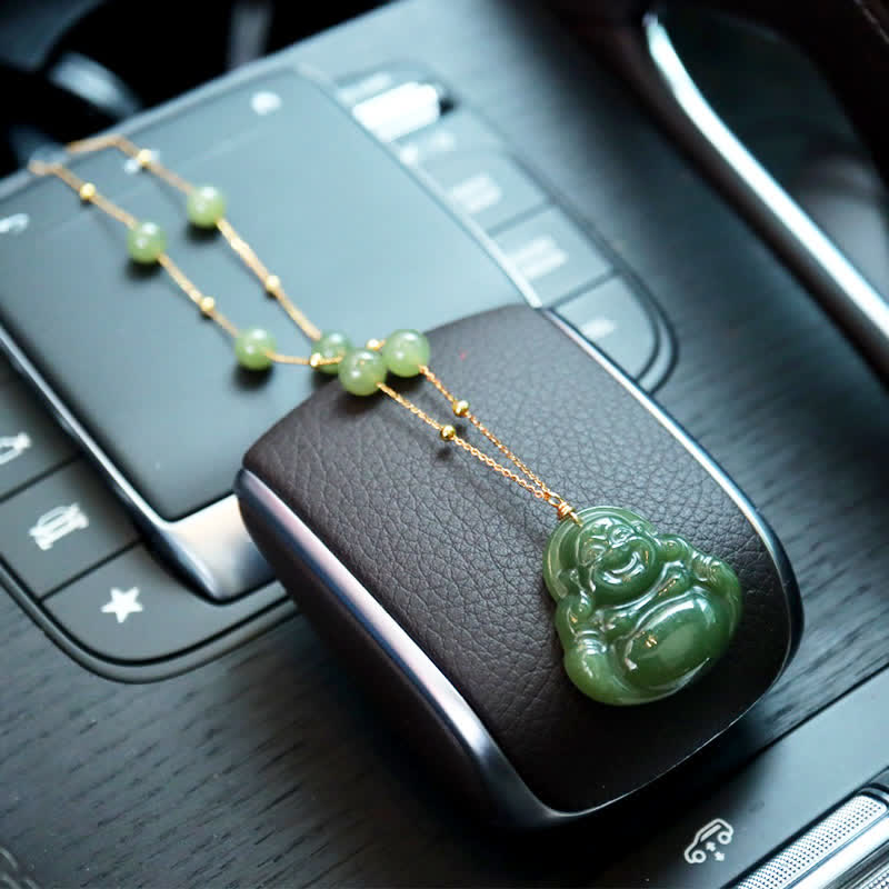 Collier porte-bonheur en jade Hetian avec pendentif Bouddha rieur