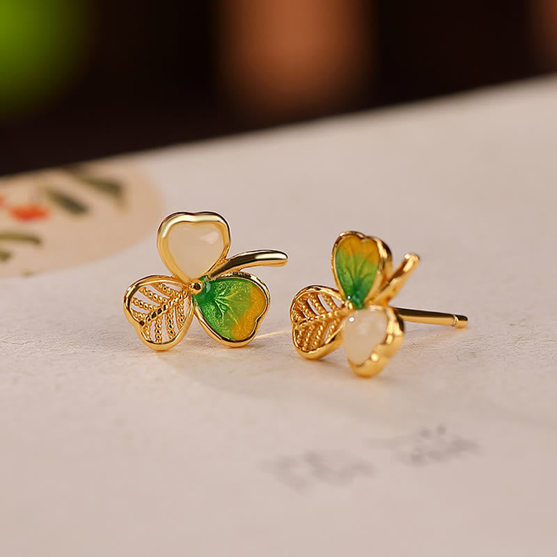 Ensemble collier et boucles d'oreilles trèfle porte-bonheur en jade Hetian