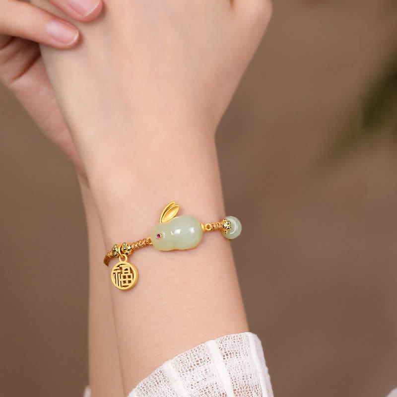 Bracelet de prospérité porte-bonheur de l'année du lapin en jade Hetian