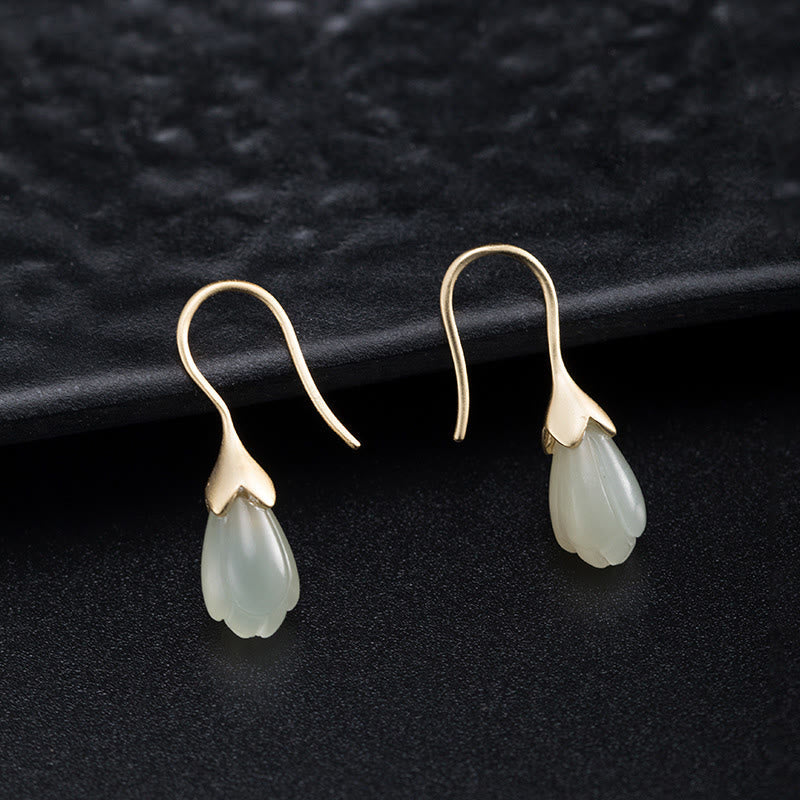 Boucles d'oreilles pendantes en argent 925 et jade magnolia Hetian