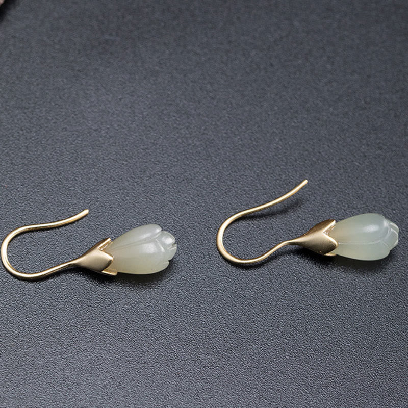 Boucles d'oreilles pendantes en argent 925 et jade magnolia Hetian