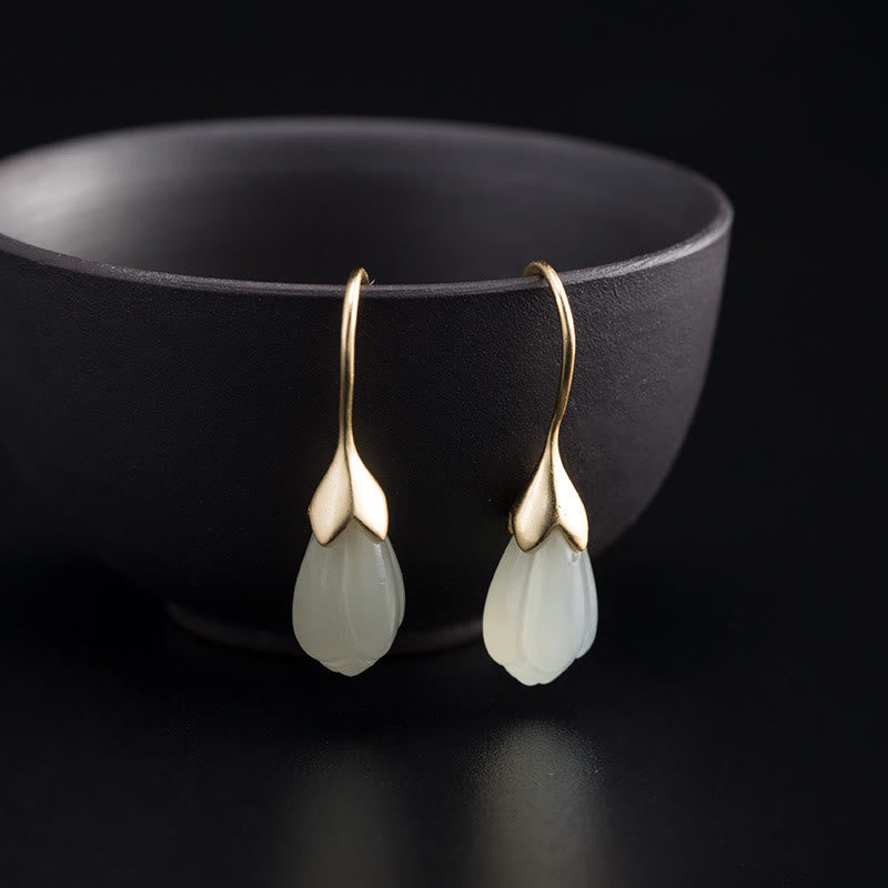 Boucles d'oreilles pendantes en argent 925 et jade magnolia Hetian