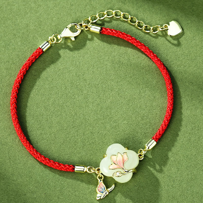Bracelet porte-bonheur en jade Hetian, fleur de magnolia et papillon