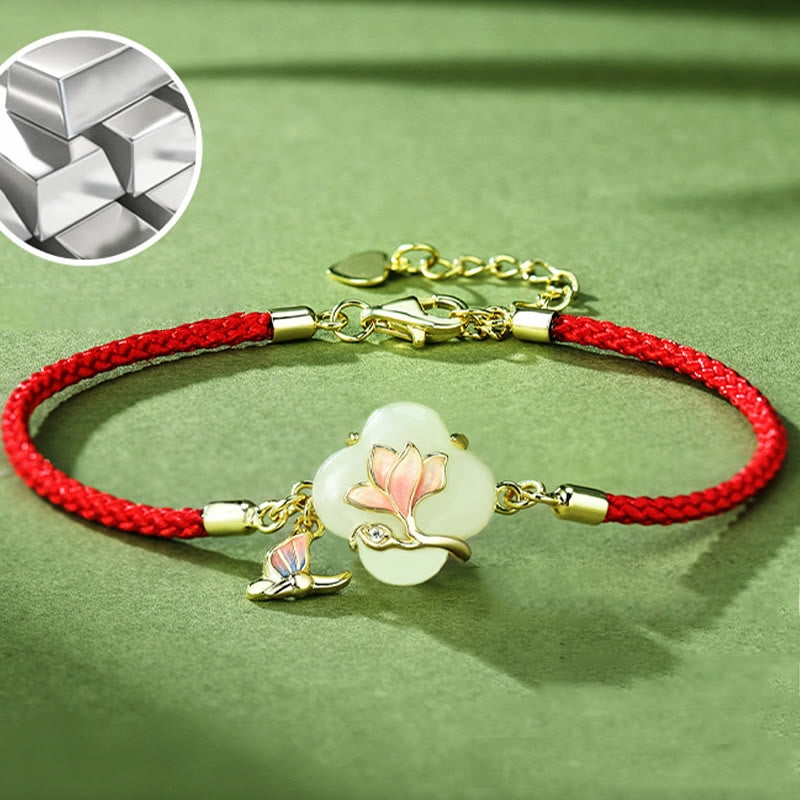 Bracelet porte-bonheur en jade Hetian, fleur de magnolia et papillon