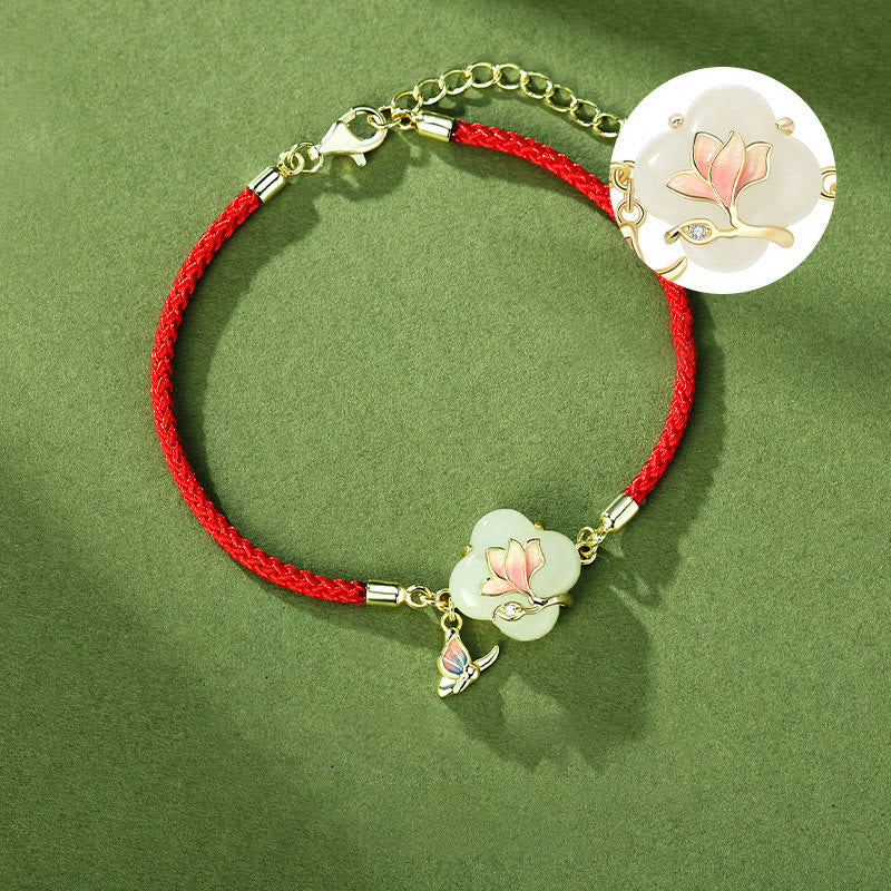 Bracelet porte-bonheur en jade Hetian, fleur de magnolia et papillon