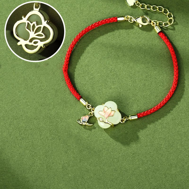 Bracelet porte-bonheur en jade Hetian, fleur de magnolia et papillon