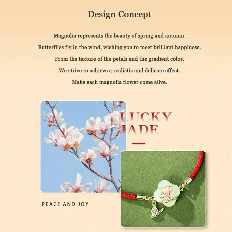 Bracelet porte-bonheur en jade Hetian, fleur de magnolia et papillon