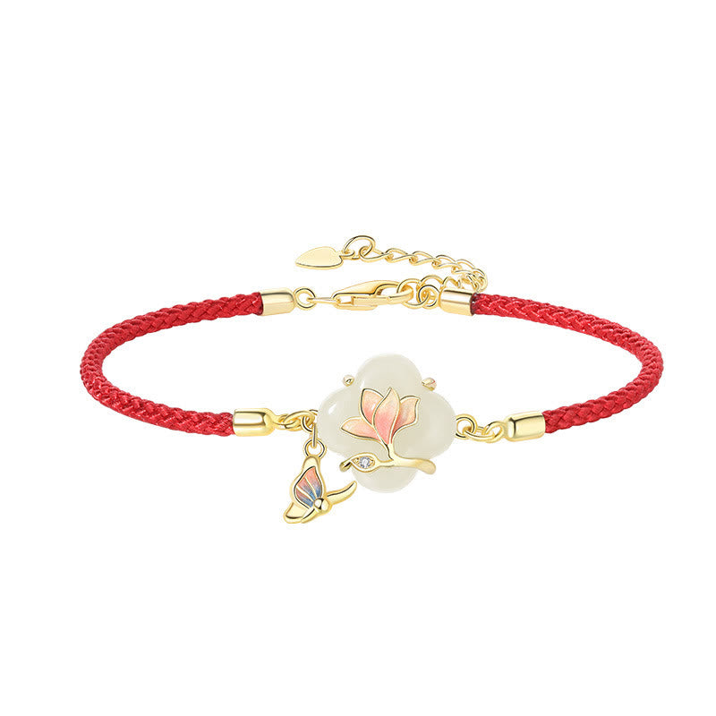 Bracelet porte-bonheur en jade Hetian, fleur de magnolia et papillon