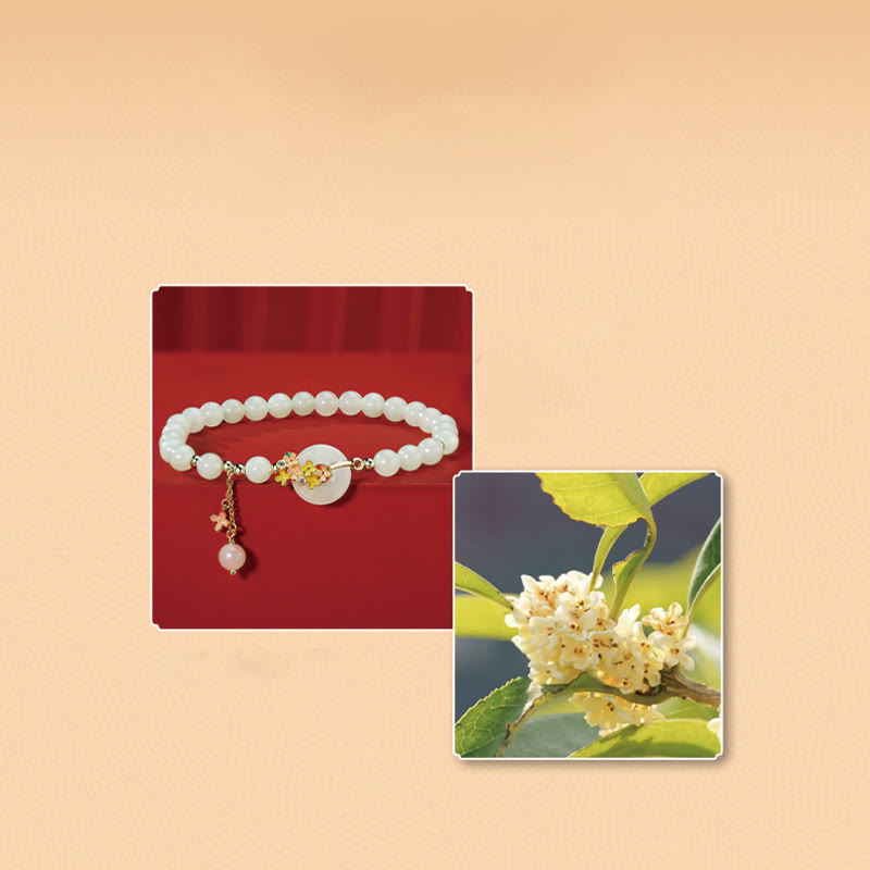 Bracelet et collier en jade Hetian avec boucle de paix et fleurs d'osmanthus