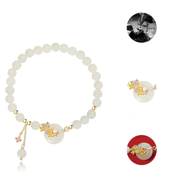 Bracelet et collier en jade Hetian avec boucle de paix et fleurs d'osmanthus