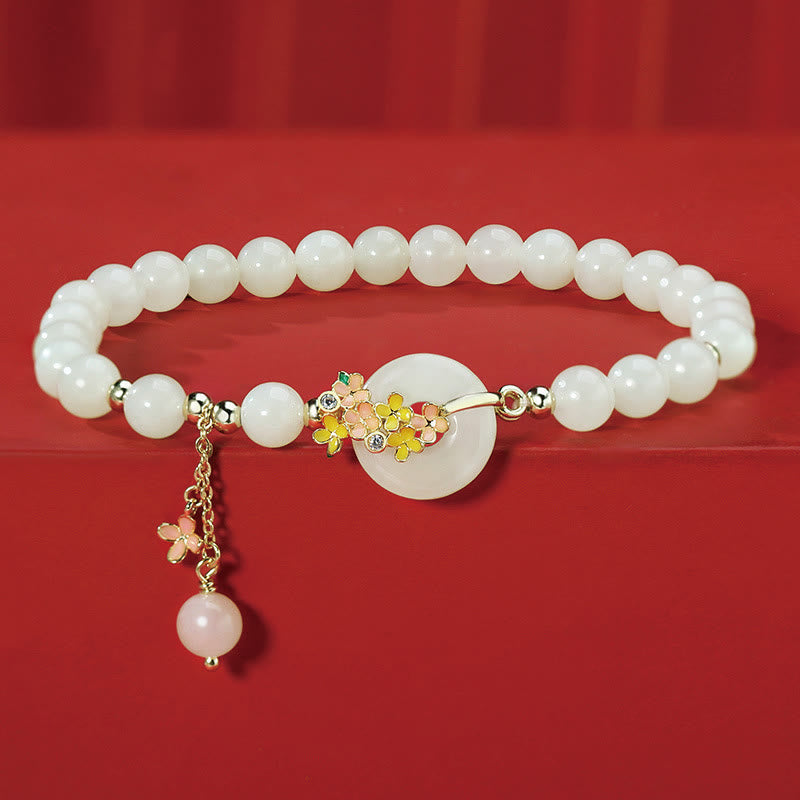 Bracelet et collier en jade Hetian avec boucle de paix et fleurs d'osmanthus
