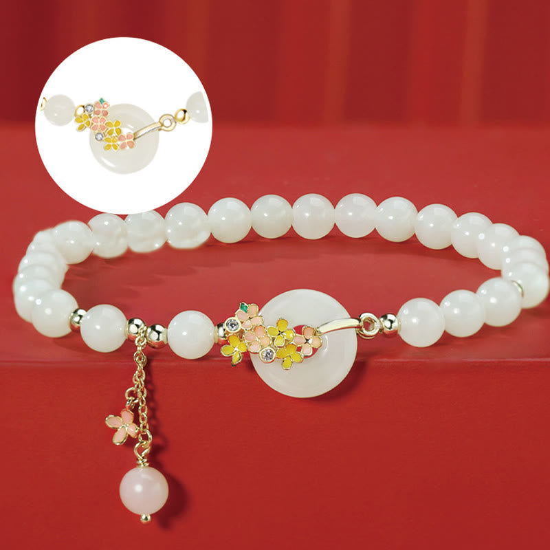 Bracelet et collier en jade Hetian avec boucle de paix et fleurs d'osmanthus