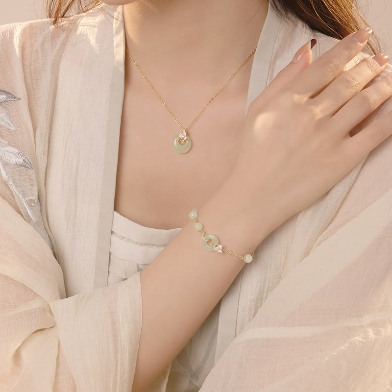 Ensemble bracelet et collier en jade Hetian avec boucle de paix - Argent 925