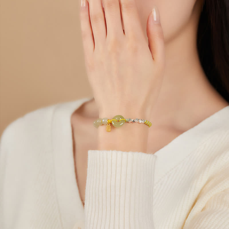 Bracelet porte-bonheur en jade Hetian avec boucle de paix | Breloque en argent sterling