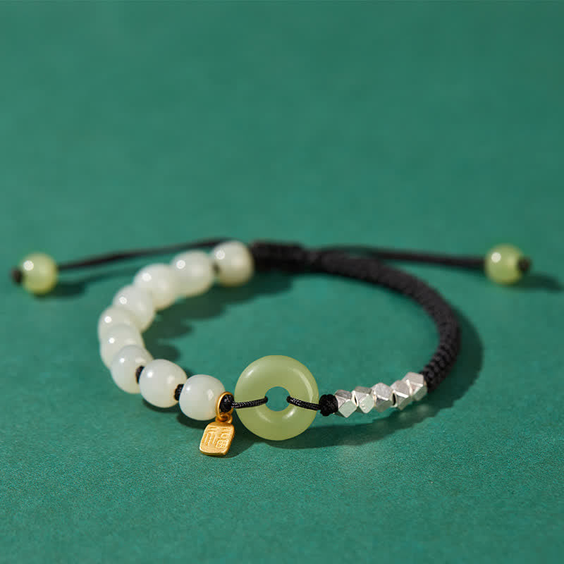 Bracelet porte-bonheur en jade Hetian avec boucle de paix | Breloque en argent sterling