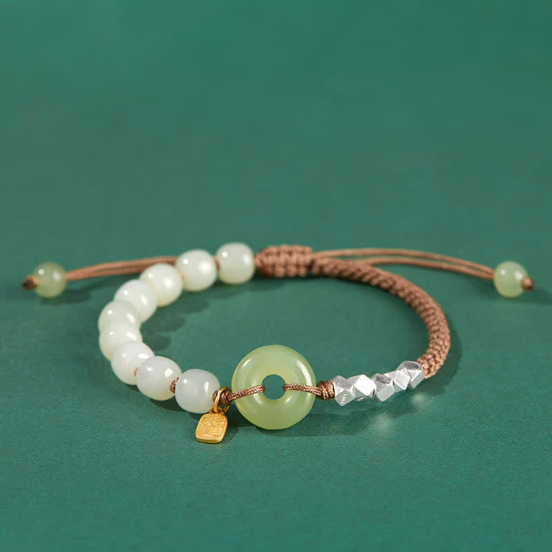 Bracelet porte-bonheur en jade Hetian avec boucle de paix | Breloque en argent sterling