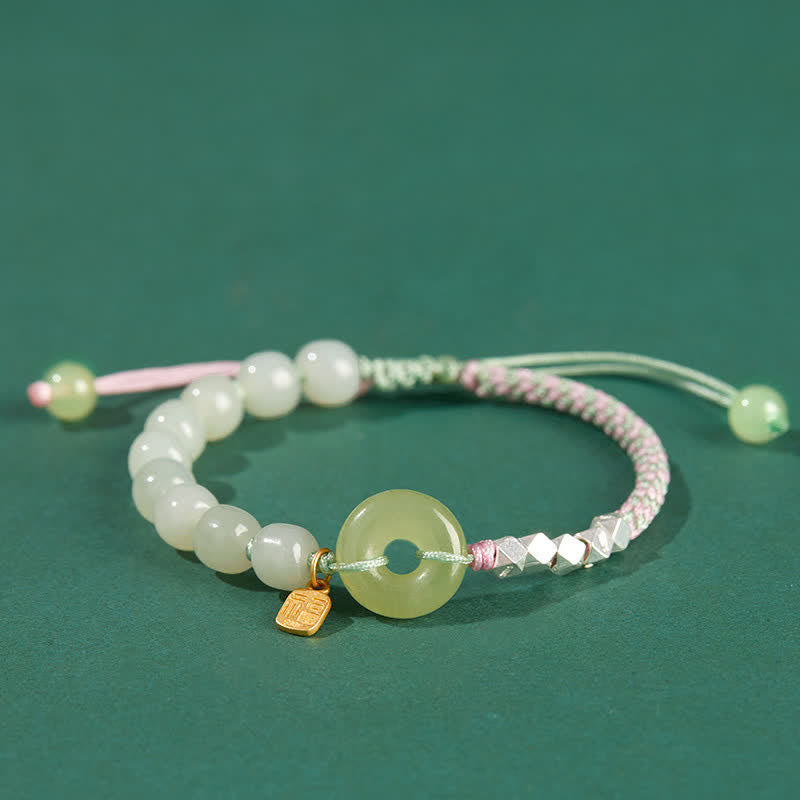 Bracelet porte-bonheur en jade Hetian avec boucle de paix | Breloque en argent sterling